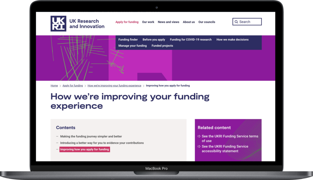 UKRI's How we're improving your funding experience webpage on a laptop