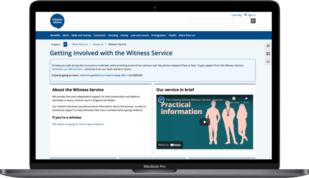 Citizen's Advice Witness Service webpage on a laptop