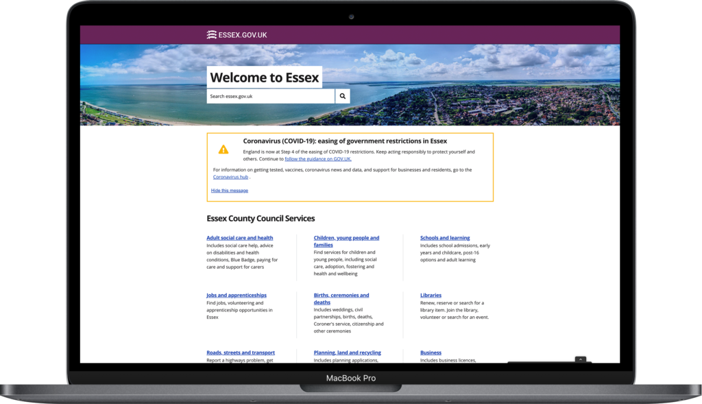 Essex County Council's Welcome to Essex webpage on a laptop