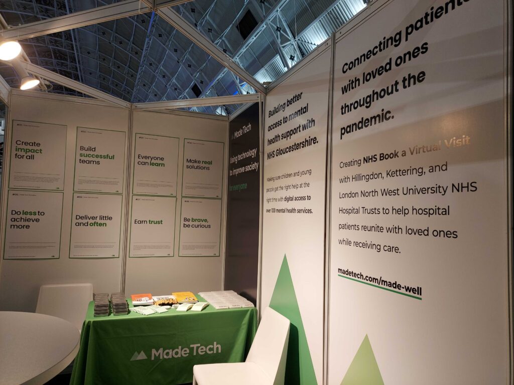 Made Tech stand at Rewired 2023 featuring case studies, Made Well Collective and our values.