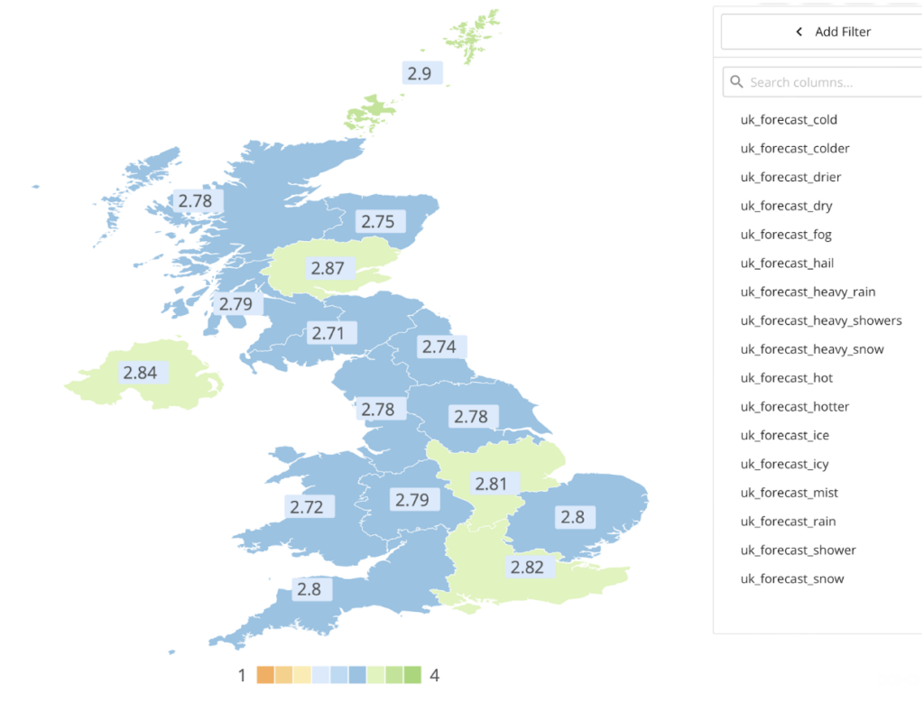 A map of the UK displaying regional forecast data, including temperature and weather conditions, with colour-coded shading and numerical values.