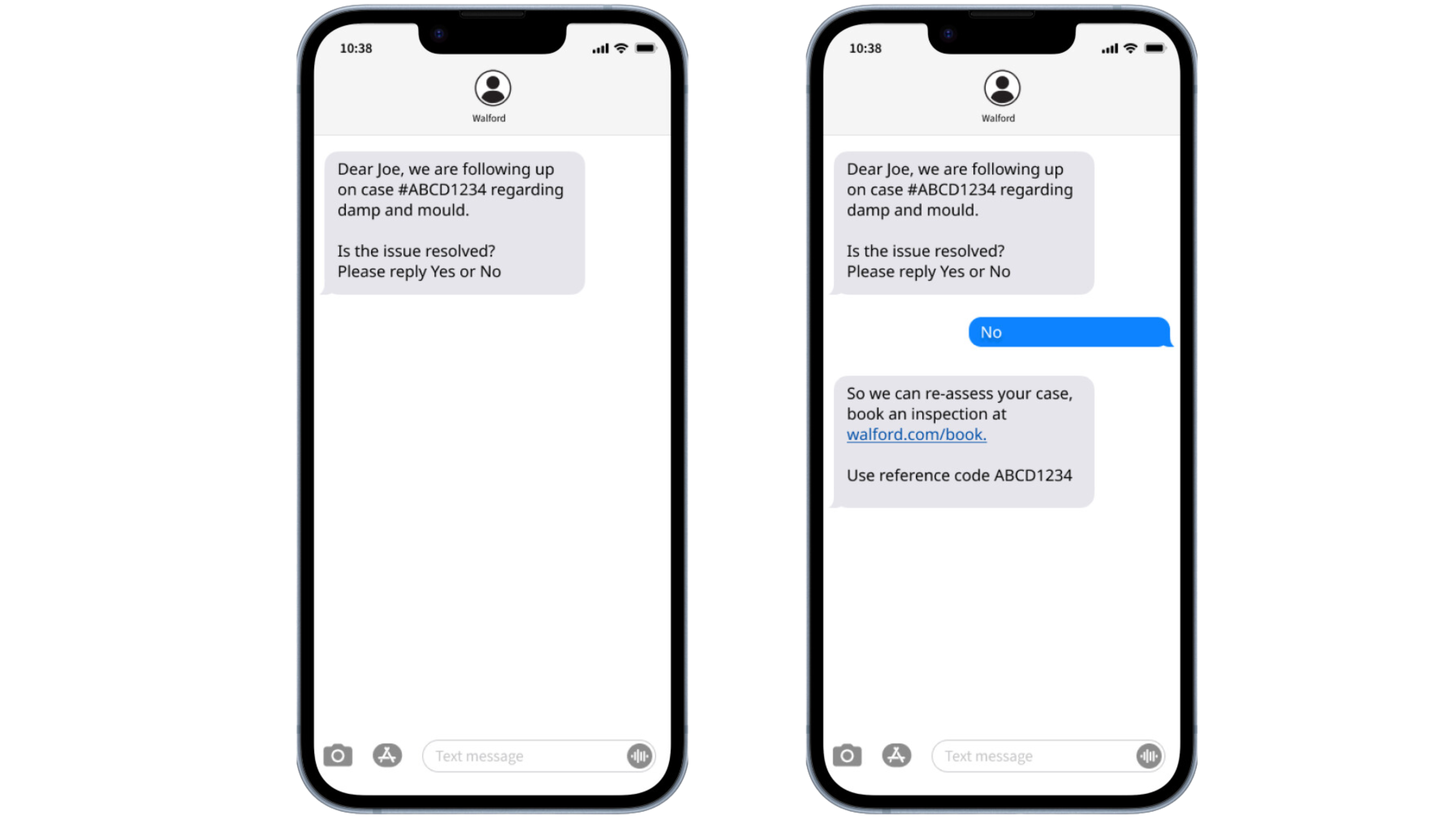 Image showing example automated follow up SMS for damp and mould inspections