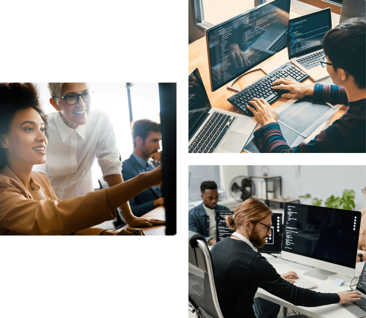 A collage of technology-related images: a team collaborating on a computer, a programmer working on multiple screens writing code, and software developers working in a modern office.