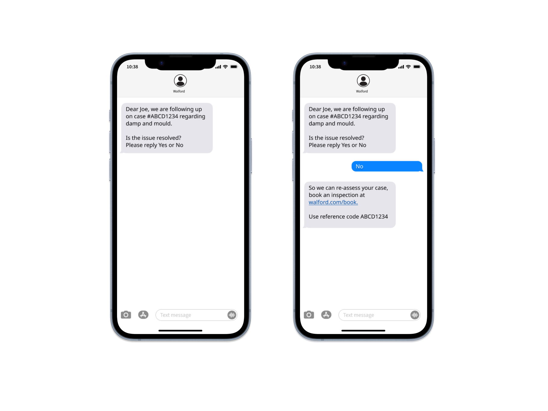 Image showing example automated follow up SMS for damp and mould inspections