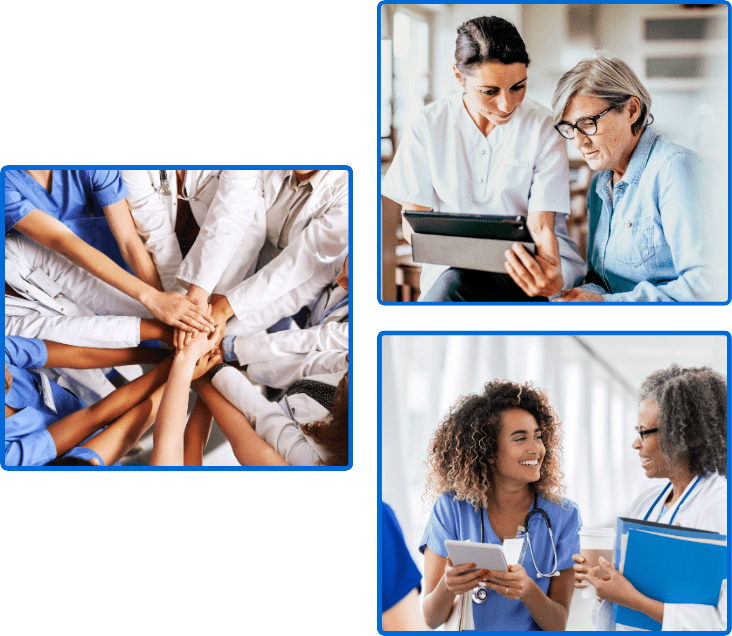 A collage of three healthcare-related images: the top left shows diverse professionals stacking hands in unity, the top right features a worker assisting an elderly woman with a tablet, and the bottom image depicts two healthcare workers smiling and discussing while holding phones.