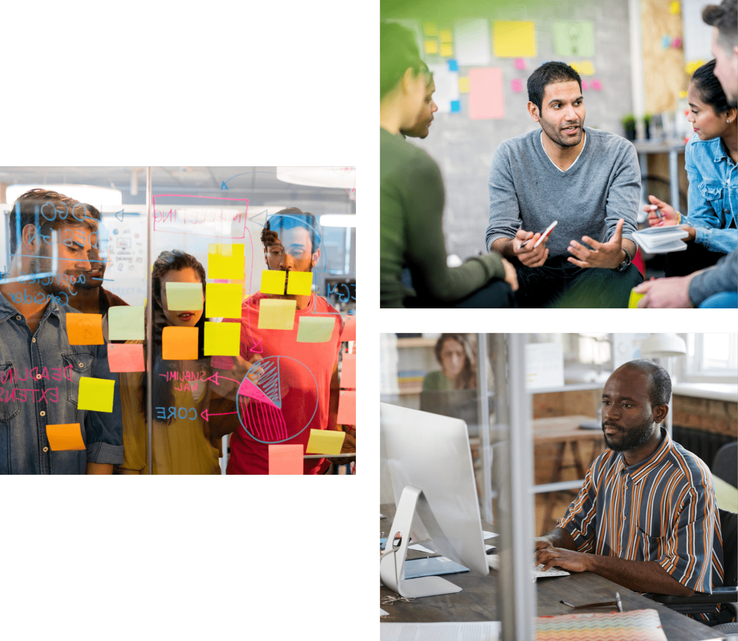 A collage of business and collaborative images: a group of professionals brainstorming with sticky notes on a glass wall, a team discussing ideas in a casual meeting, and a man working on a computer in an office.