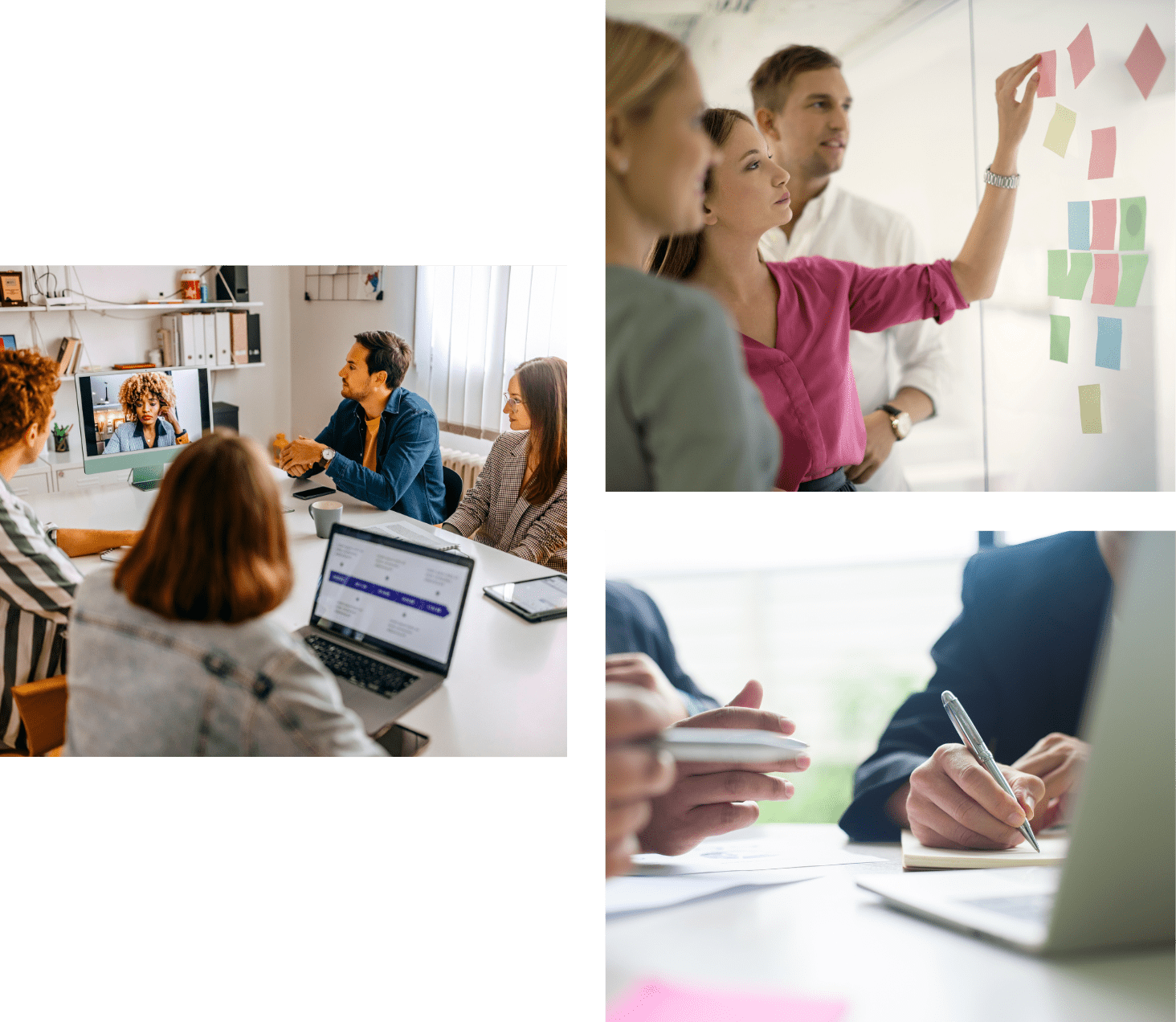 A collage of business-related images: a group of people in a virtual meeting, a team brainstorming with sticky notes on a whiteboard, and close-up hands of professionals writing notes during a discussion.