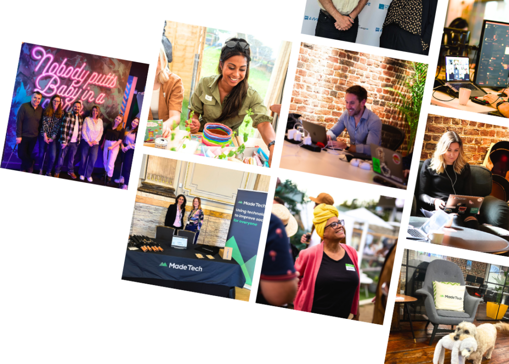 A collage of diverse images depicting people at various events and workplaces