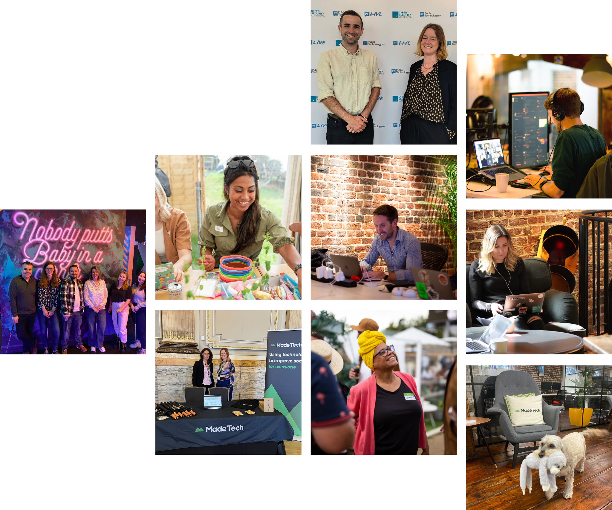 A collage of diverse images depicting people at various events and workplaces