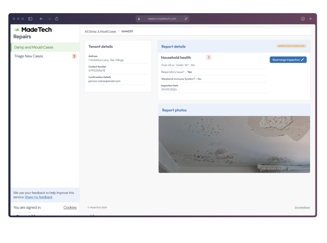 Made Tech Repairs Damp and Mould case management overview on desktop