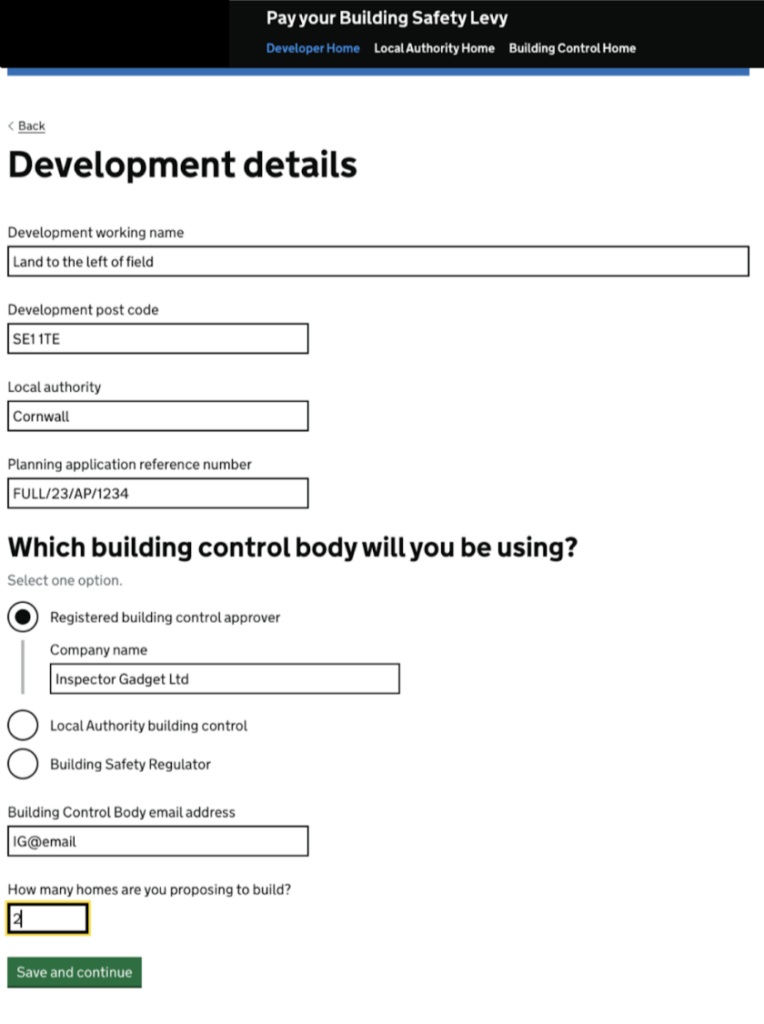 Made Tech's Building Safety Levy product showing UI for adding development details