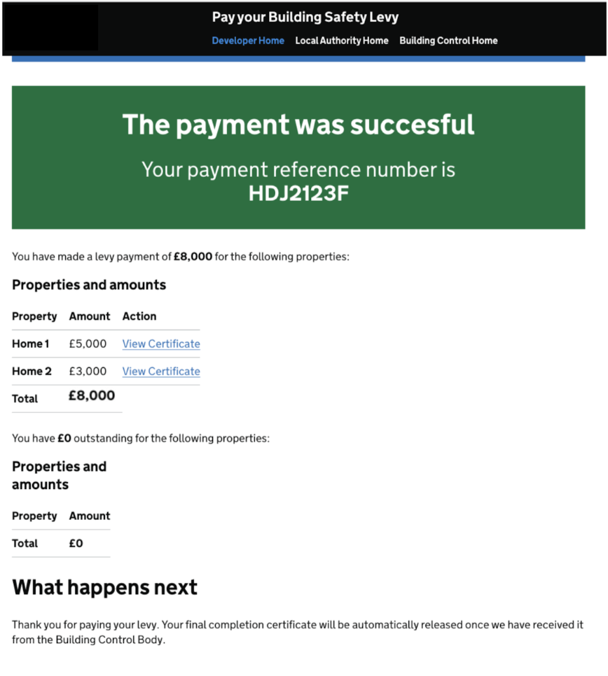 Made Tech's Building Safety Levy product showing UI for successful payment of levy