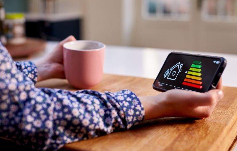 Person holding a smartphone displaying an energy efficiency rating, while holding a pink mug. The phone screen shows a house icon and a color-coded energy scale ranging from green (efficient) to red (inefficient), indicating energy consumption levels.