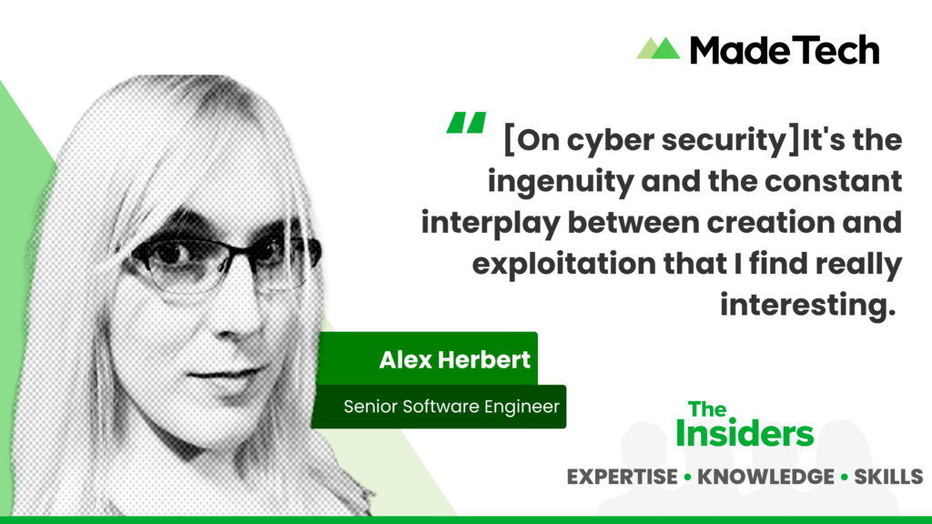 A black and white headshot of Alex appears next to a quote that reads "[On cyber security]It's the ingenuity and the constant interplay between creation and exploitation that I find really interesting."